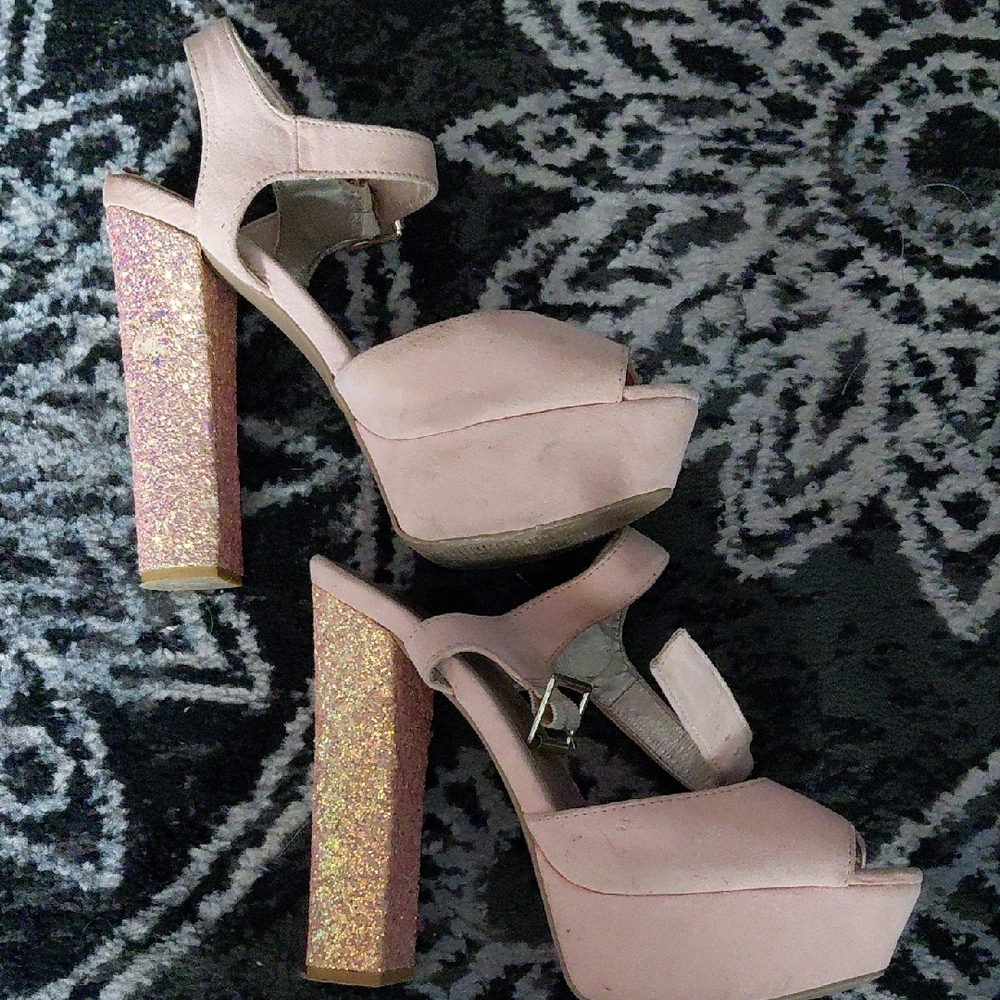 Qupid Blush Pink Glitter Platform Heels - Picture 6 of 8
